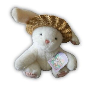 Heidi Rabbit Easter Bunny White Straw Hat VTG W/ Tag Hallmark Plush 9" Lovey Toy